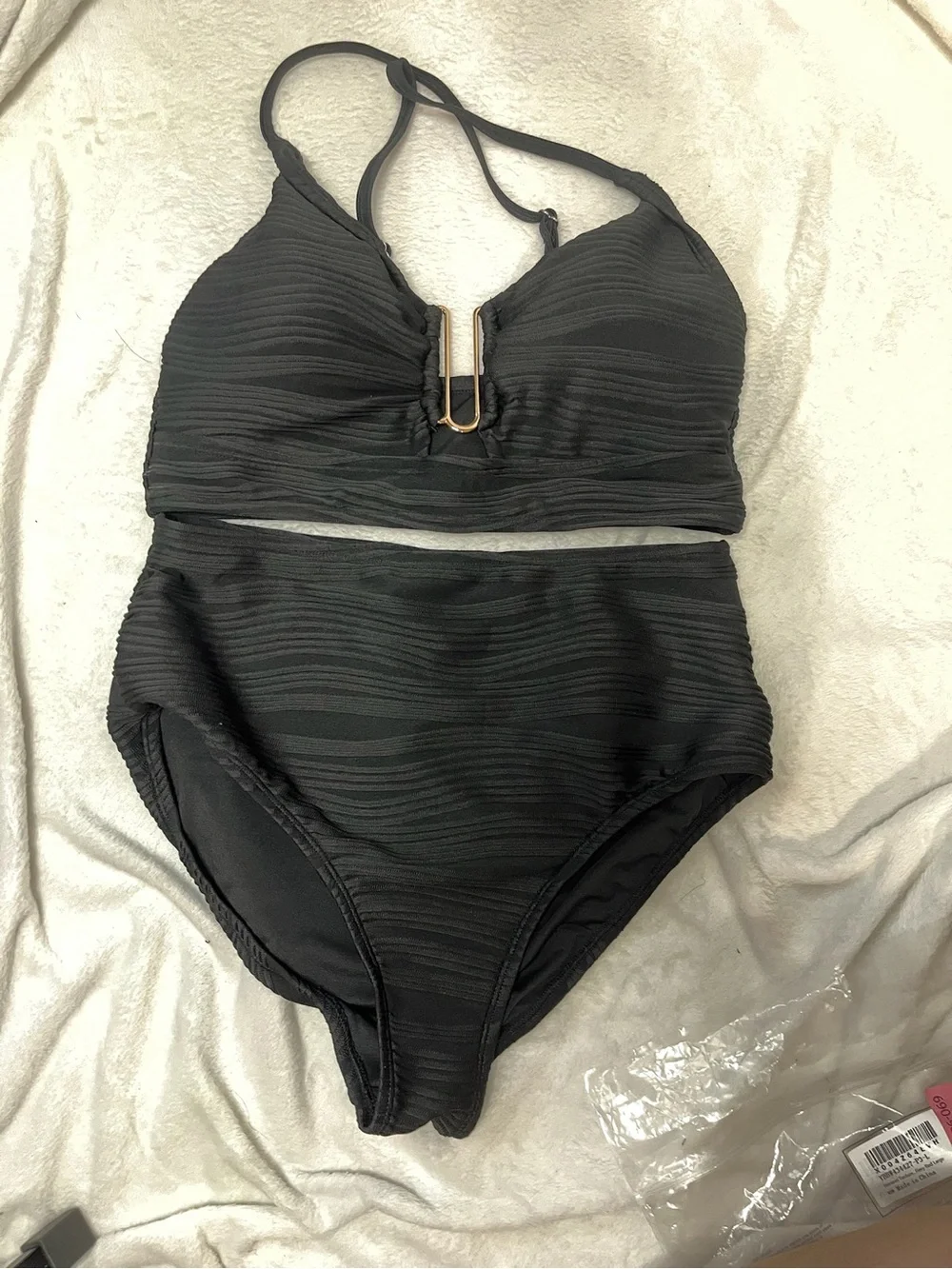 Black Textured High-Waist Bikini Set with Gold Accent NWOT